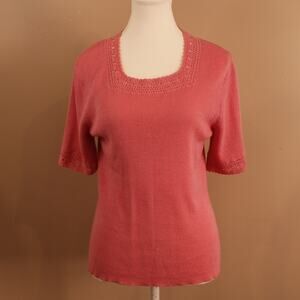 Women's Sag Harbor Crochet Square Neck Short Sleeve Knit Top Petite Medium